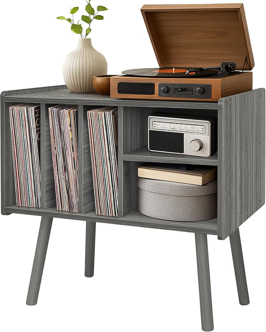 Record Player Stand with Vinyl Storage, Wooden Record Player Table with 5 Cabinet, Large Vinyl Record Player Stand, Record Player Holder, Record Player Shelf for Office Living Room, Gray