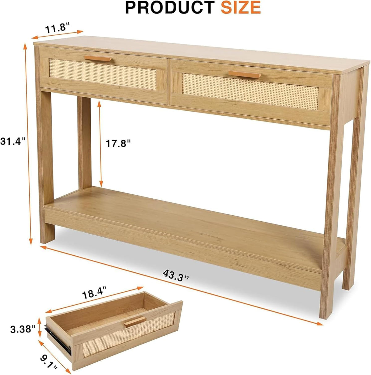 Console Table with Rattan Drawers Boho Entryway Table Narrow Long Sofa Table for Entrance, Hallway, Living Room, Couch