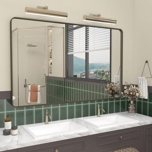 48x30 Bronze Bathroom Mirror for Wall, Brushed Bronze Metal Framed Bathroom Vanity Mirror, Rounded Rectangle Mirror, Anti-Rust, Shatterproof (Horizontal/Vertical)