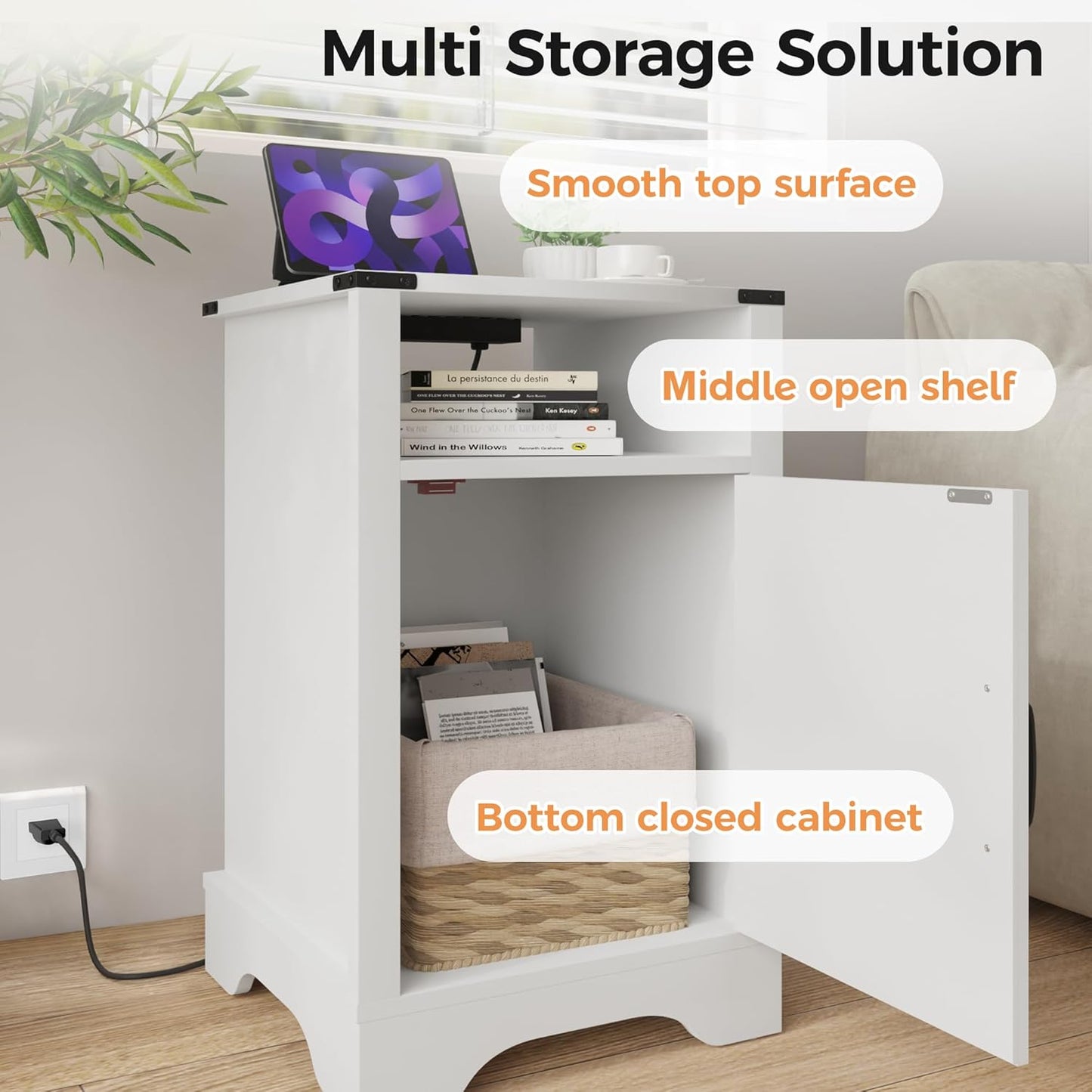 RoyalCraft Nightstand Set of 2, White End Table with Charging Station, Tall Farmhouse Bedside Table with Large Storage and Shelf, Wooden Side Table with for Bedroom, Home Office, White