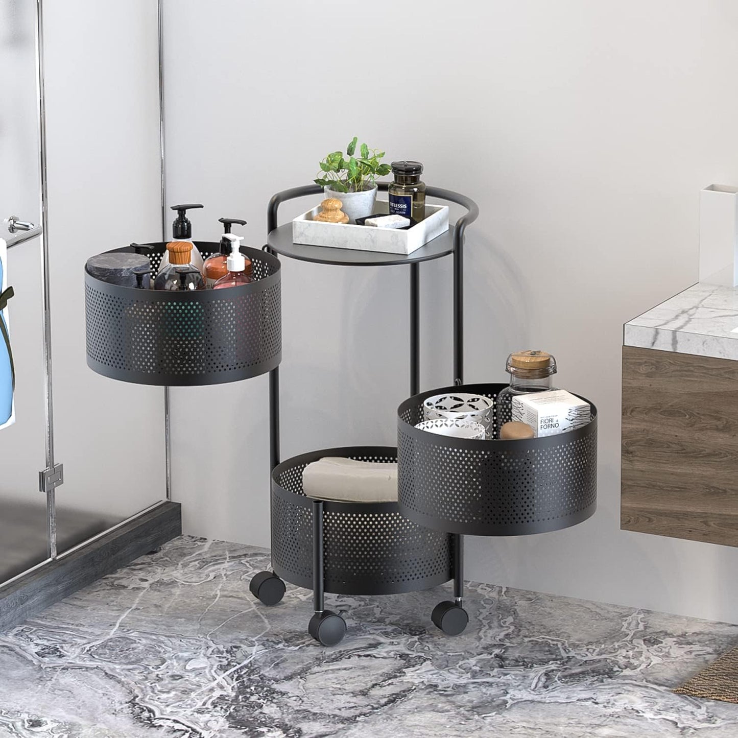 JAQ Rotating Storage Shelves Rack for Kitchen, 3-Tier Multi Layer Removable Basket Shelf Organizer on Rolling Wheels for Fruit Vegetable Grocery Corns Potato Onion (3-Tier, Black)