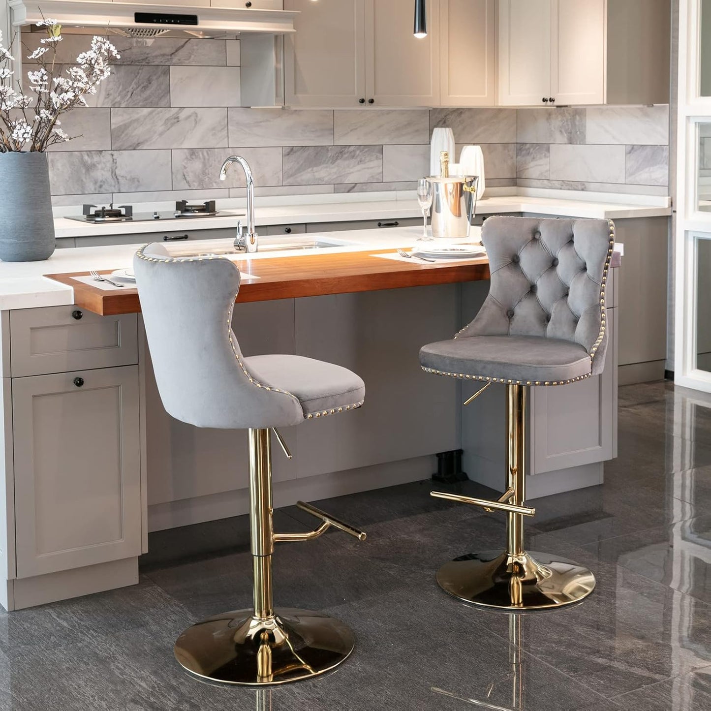 PacknWood Acosure Golden Swivel Velvet Barstools Adjusatble Seat Height from 25-33" with Comfortable Tufted,Modern Upholstered Chrome Base Bar Chairs,for Home Pub Kitchen,Gray,Set of 2