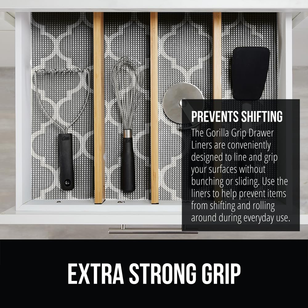 GORILLA GRIP powerGRIP Drawer Shelf and Cabinet Liner, Thick Strong Hold, Non-Adhesive Liners Protect Kitchen Cabinets and Cupboard, Bathroom Drawers, Easy Install, Breathable Mat, 17.5" x20', Gray