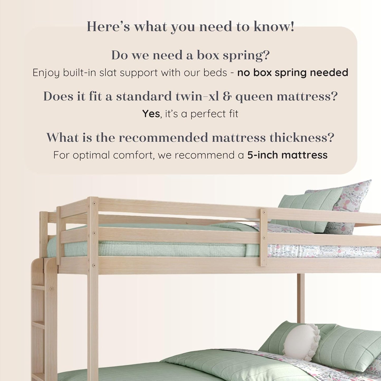 Grain & Grove Bear Twin XL Over Queen Bunk Bed, Sturdy Bunk Bed Frame for Kids, Plywood Bunk with Ladder, Guardrail, and Slats, No Box Spring Required, Oak Embossed Natural