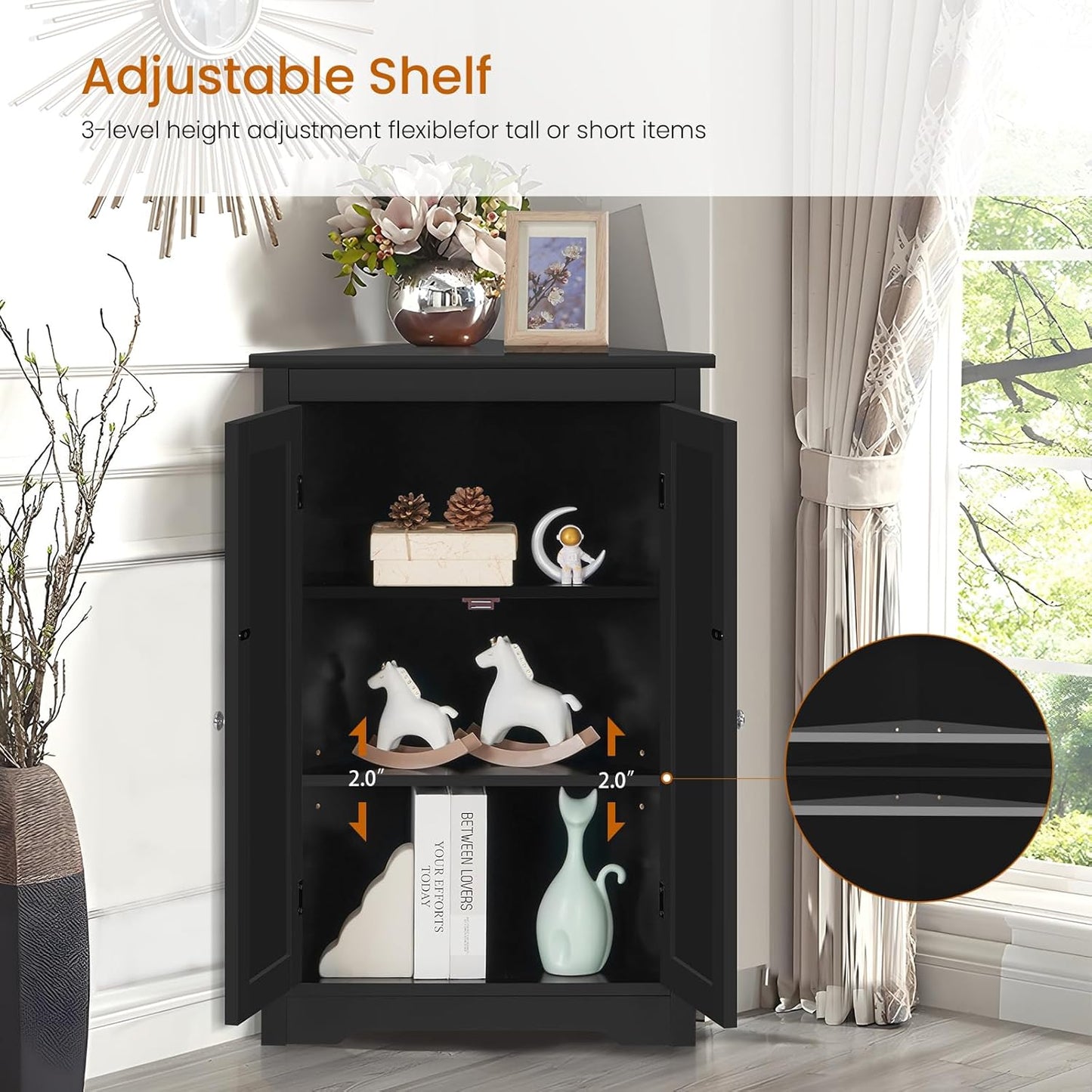 Iwell Corner Cabinet, Corner Bathroom Cabinet with 2 Doors & Adjustable Shelves, for Bathroom, Living Room, Kitchen, Black