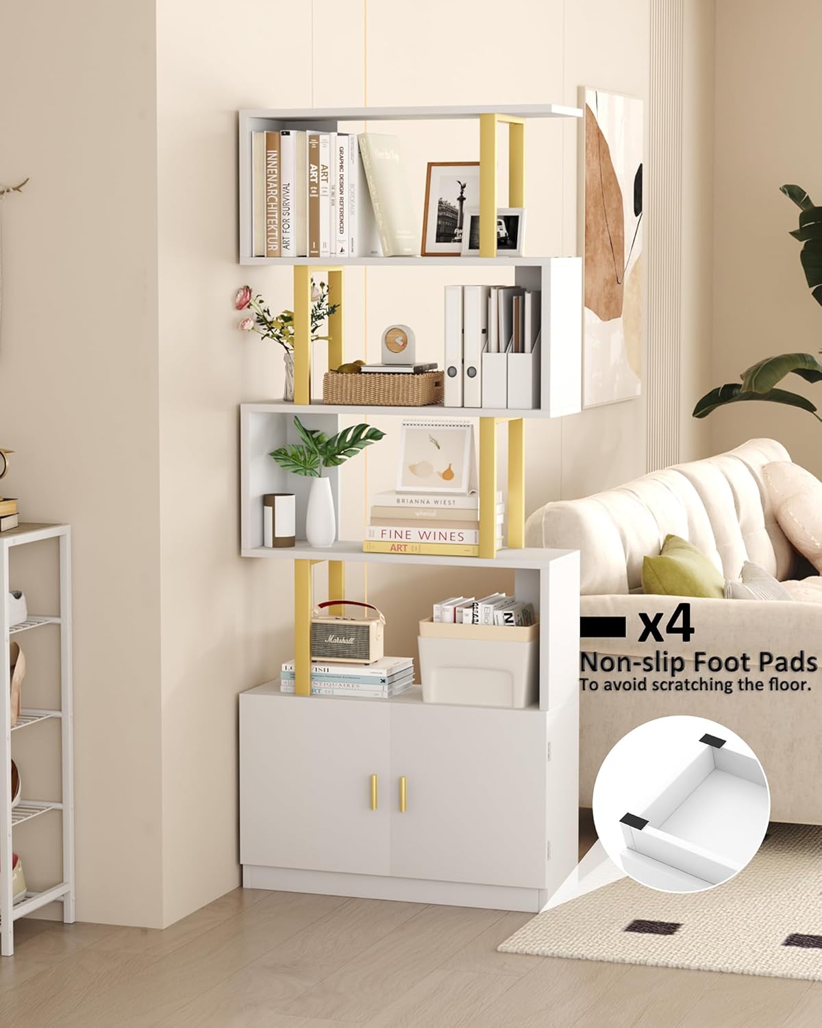 Yusong Geometric Bookcase with Cabinet, S Shaped Bookshelf 5-Tier Book Shelves for Bedroom, Modern Wood Decorative Display Shelf Tall Book Case for Home Office, Gold and White