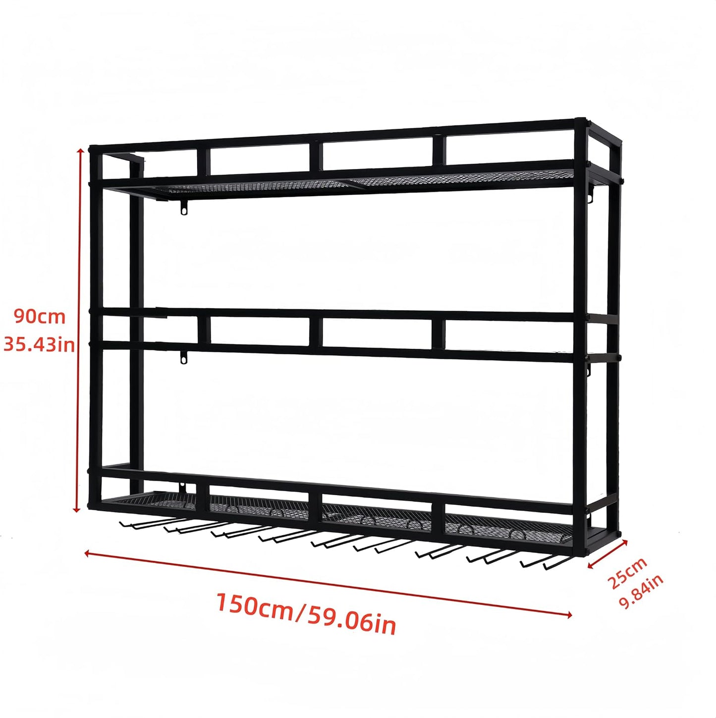 Metal Wine Rack Wall Mounted, Bar Shelves for Liquor Bottles with LED Light, 3 Tier Large Capacity Liquor Rack Wall Mounted with Glass Holder for Home Bar & Dining Room （Black, 59in/150cm）
