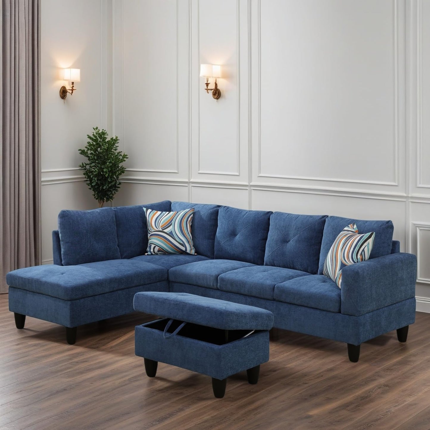 L Shaped Sectional Couches for Living Room, Modular 4 Seat Sofa with Ottoman Storage, Modern Couch with Chaise for Bedroom Apartment Furniture, Blue