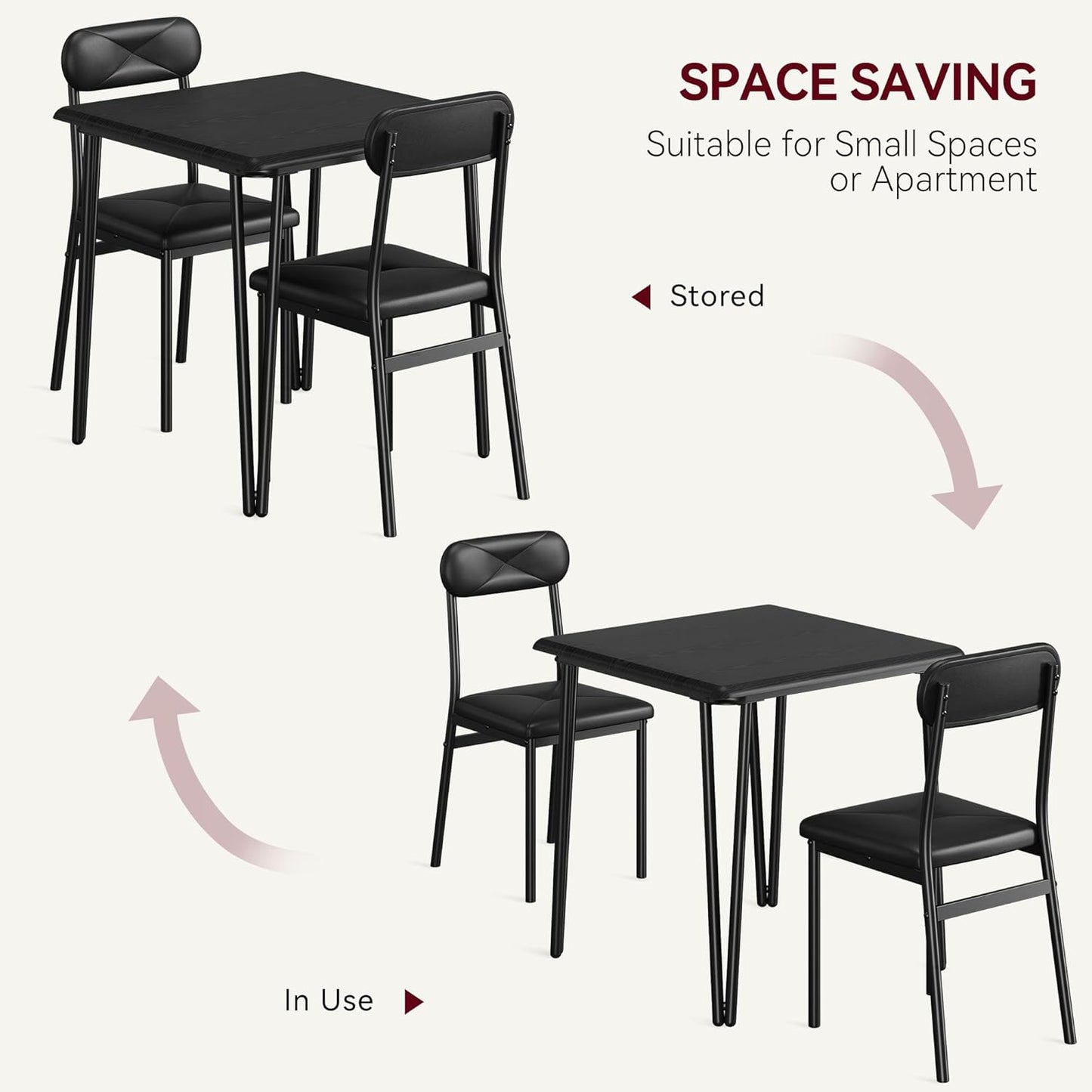 GarveeHome Dining Table Set for 2, Kitchen Table with Upholstered Chairs for Kitchen Room and Small Spaces (Black, Table with 2 Chairs)