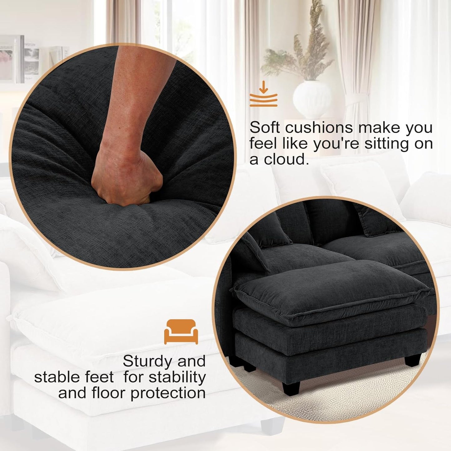 Furniliving Oversized Accent Chairs with Ottoman, Luxury Chenille Single Sofa Couch, Upholstered Deep Seat Chaise Lounge with Pillows for Living Room, Bedroom, Apartment, Black