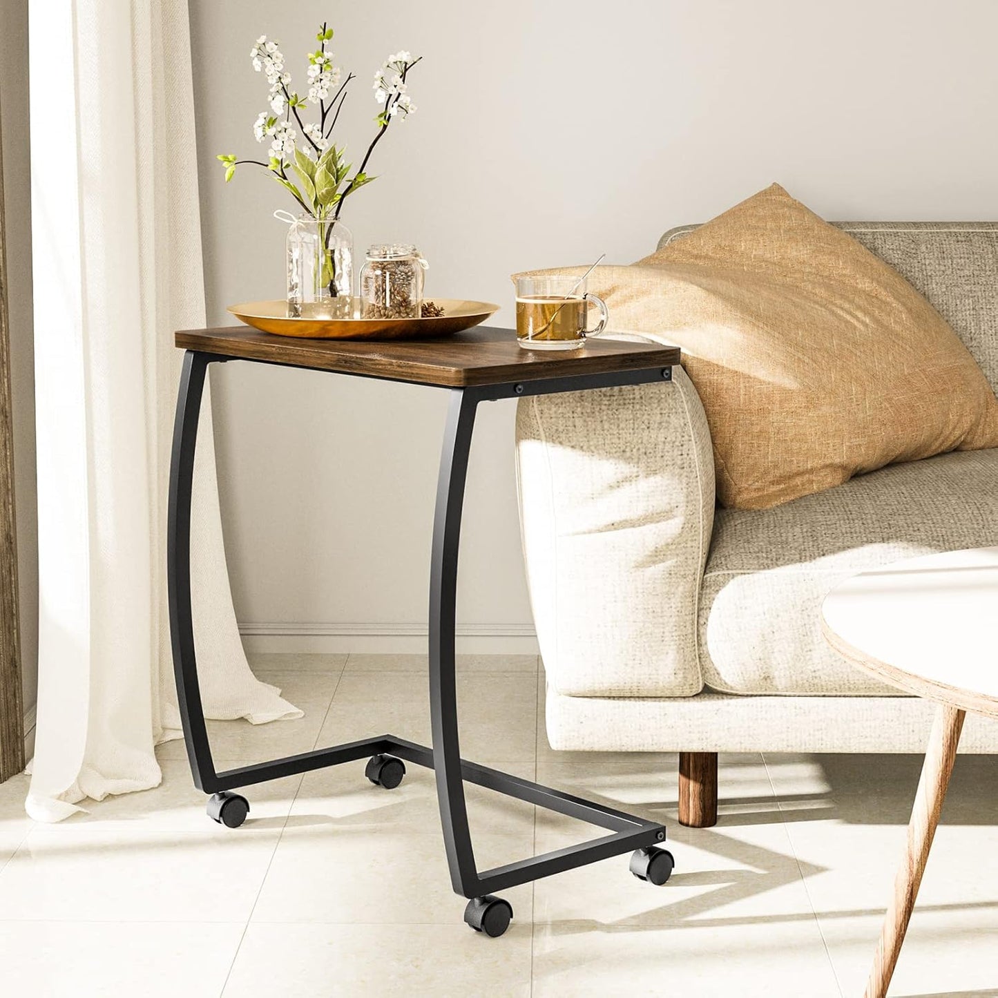 SRIWATANA Side Table, C-Shaped End Table with Rolling Wheels,Rustic Sofa Couch Table for Laptop Coffee Snack, Dark Walnut