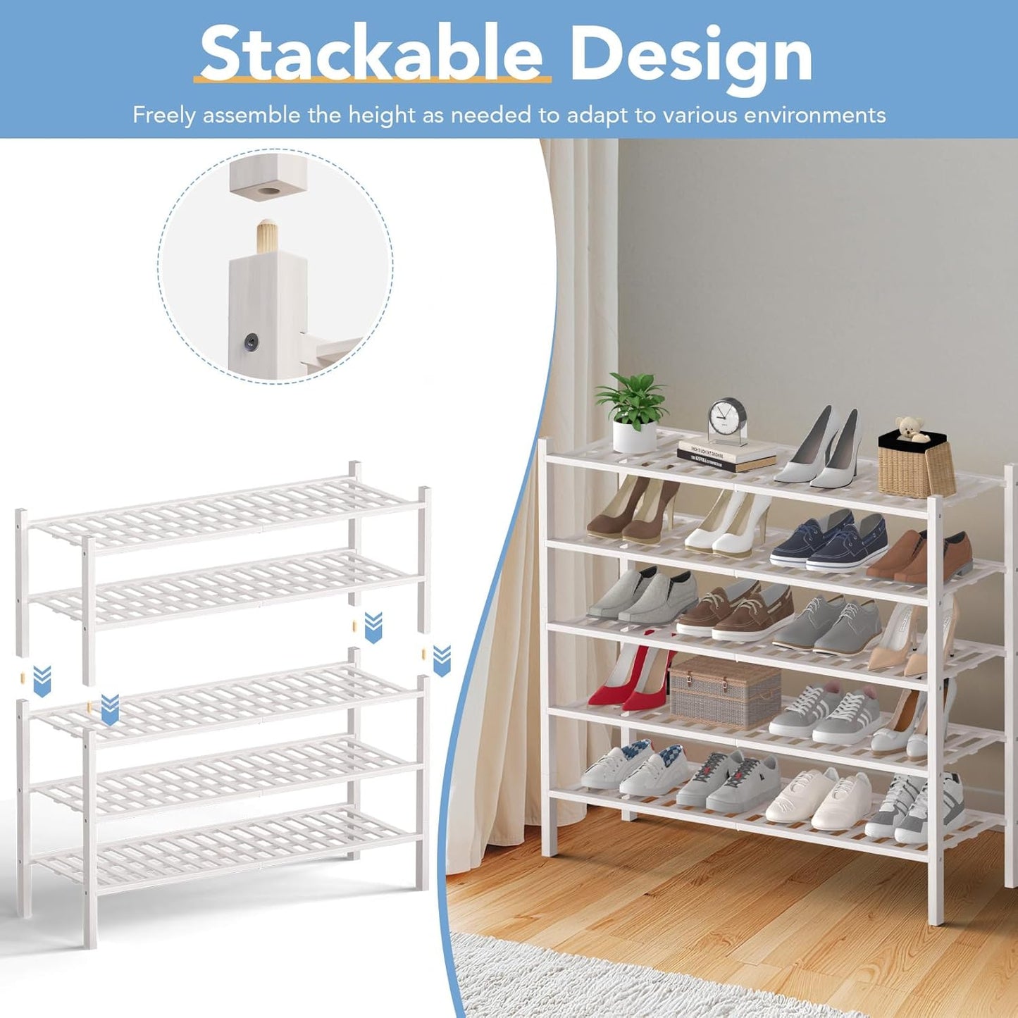 Haddockway Long 2 Tier Bamboo Shoe Rack Storage Organizer, Multifunctional Free Standing Stackable Shoe Shelf with Grid Panel for Closet,Hallway,Entryway,Small Space 34.2"x11"x13"(White, 2-Tier(Long))