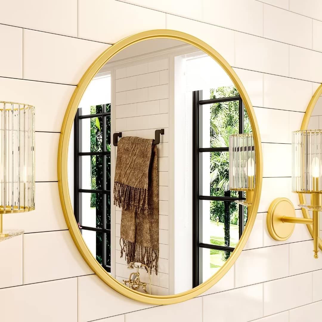 Growsun Gold Round Mirror, 15.7 inch Circle Wall Mirror for Bathroom Vanity, Entryway Living Room with Metal Frame for Home Decor