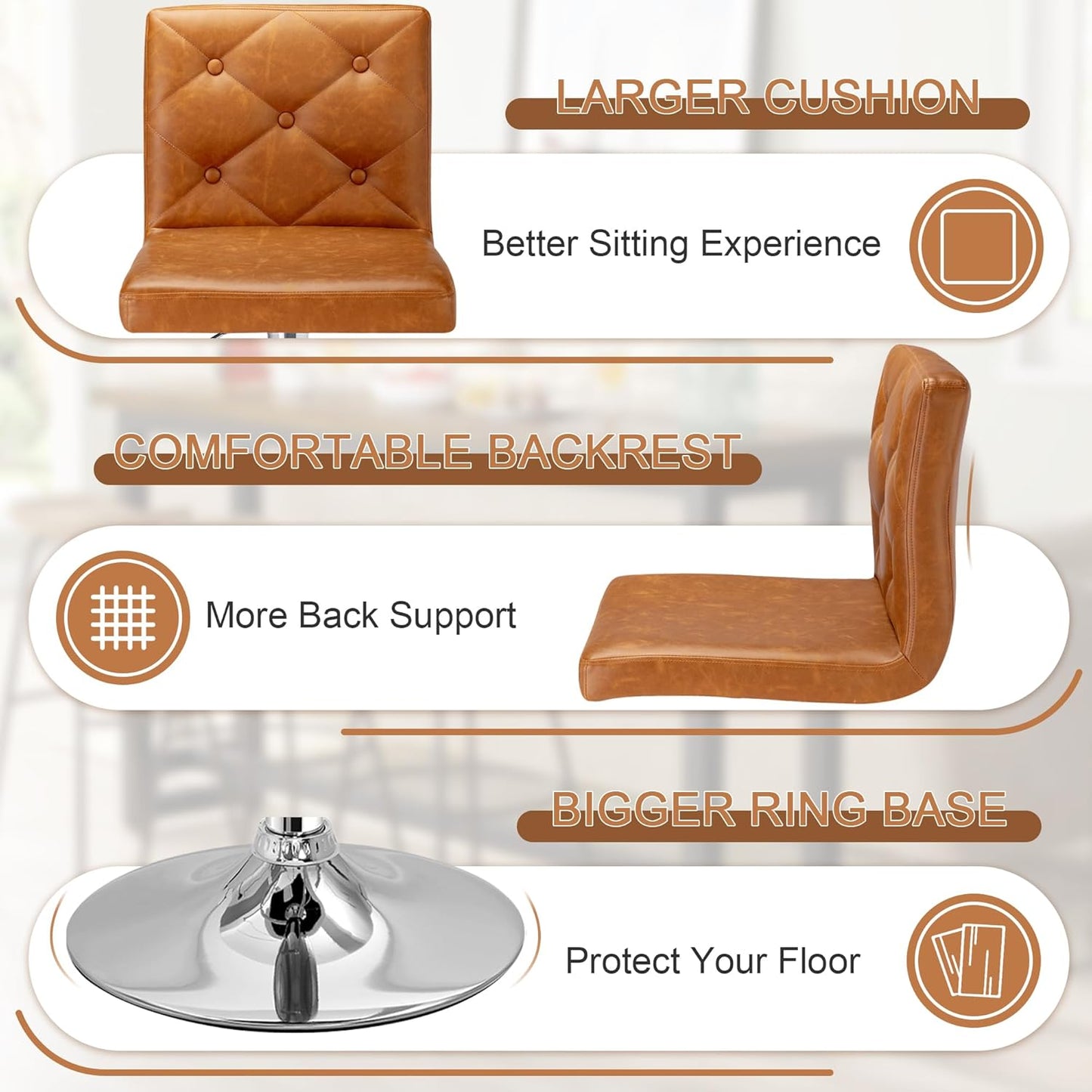 VECELO Adjustable Bar Stools Set of 2, Bar Height Stools for Kitchen Counter,Brown