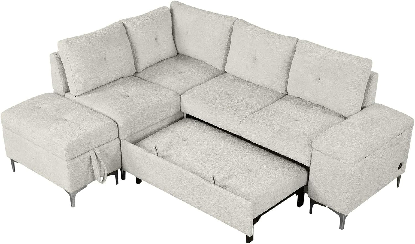 Ball & Cast 88.2" L-Shaped Sectional Pull Out Sofa with Ample Storage Space,Versatile Convertible Couch w/Two Cup Holders and Two USB Ports,Movable Storage Ottoman,for Living Room,Apartment,Beige