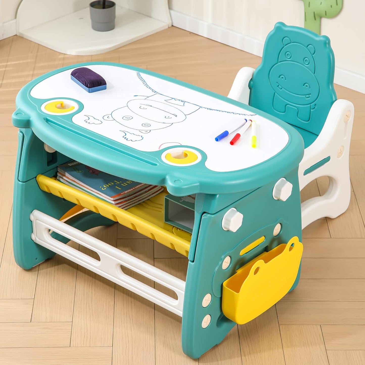 Kids Table and Chair Set The Table Can Be Graffiti and The Height Can Be Raised and Lowered for Children Age 2-10 The Order Includes Watercolor Pen and Blackboard Eraser