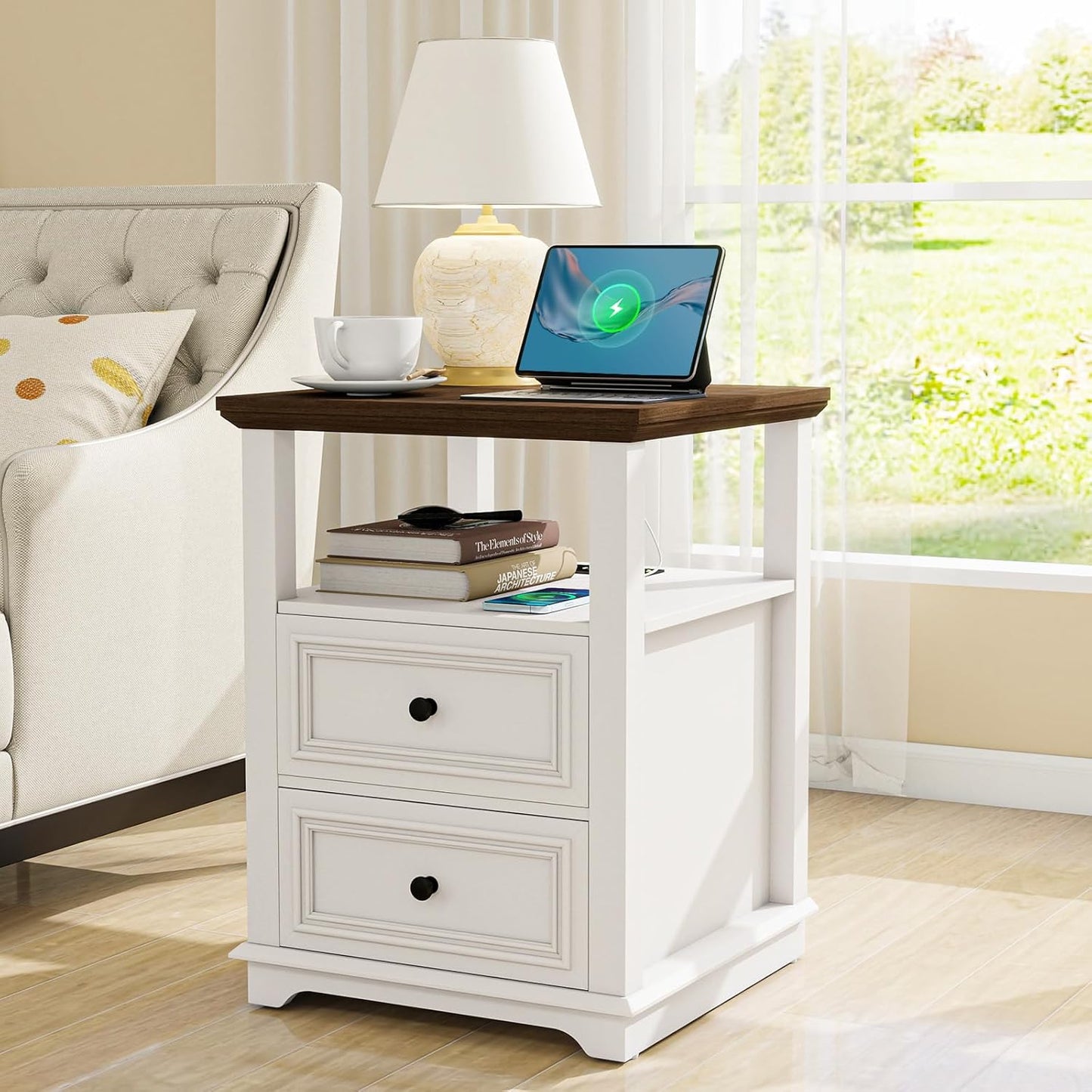 Vipbear Farmhouse Nightstand 18" White End Table with Charging Station & 2 Drawers, Rustic Bedside Table with Storage Shelf for Bedroom, Living Room,18.1" D x 18.1" W x 24.2" H