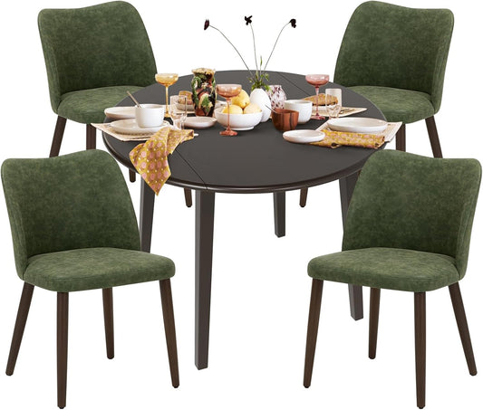 COLAMY 5-Piece Extendable Dining Table Set for 4, 36" Kitchen Round Wood Table with 4 Wooden Dining Room Chairs,Dark Brown/Green
