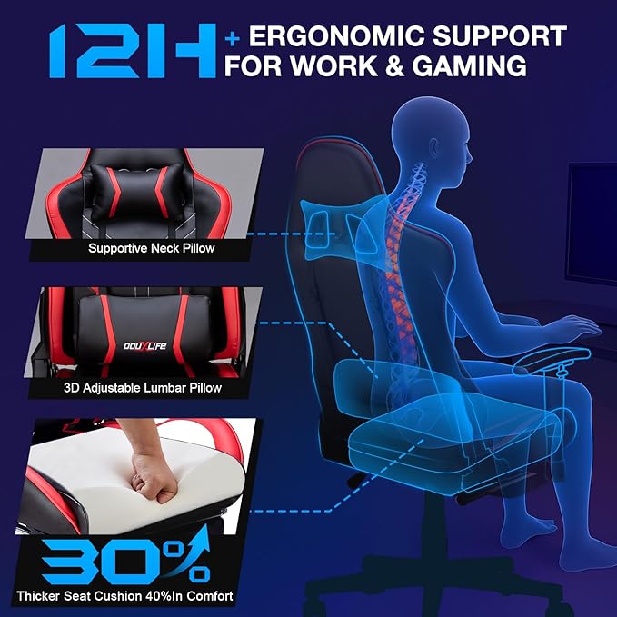 Douxlife Computer Gaming Chair with Footrest, Height Adjustable Game Chair for Adults 360°-Swivel Seat and Headrest and for Office or Gaming, Racing Style Black Red