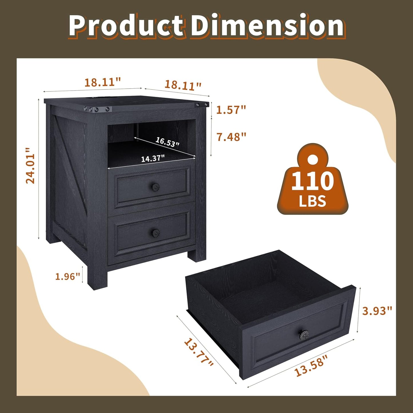 Vipbear Nightstand Set of 2, 18” Wide Farmhouse Night Stand with Charging Station for Bedroom, End Table with 2 Drawers Living Room Wood Sofa Side Table with Storage, Black