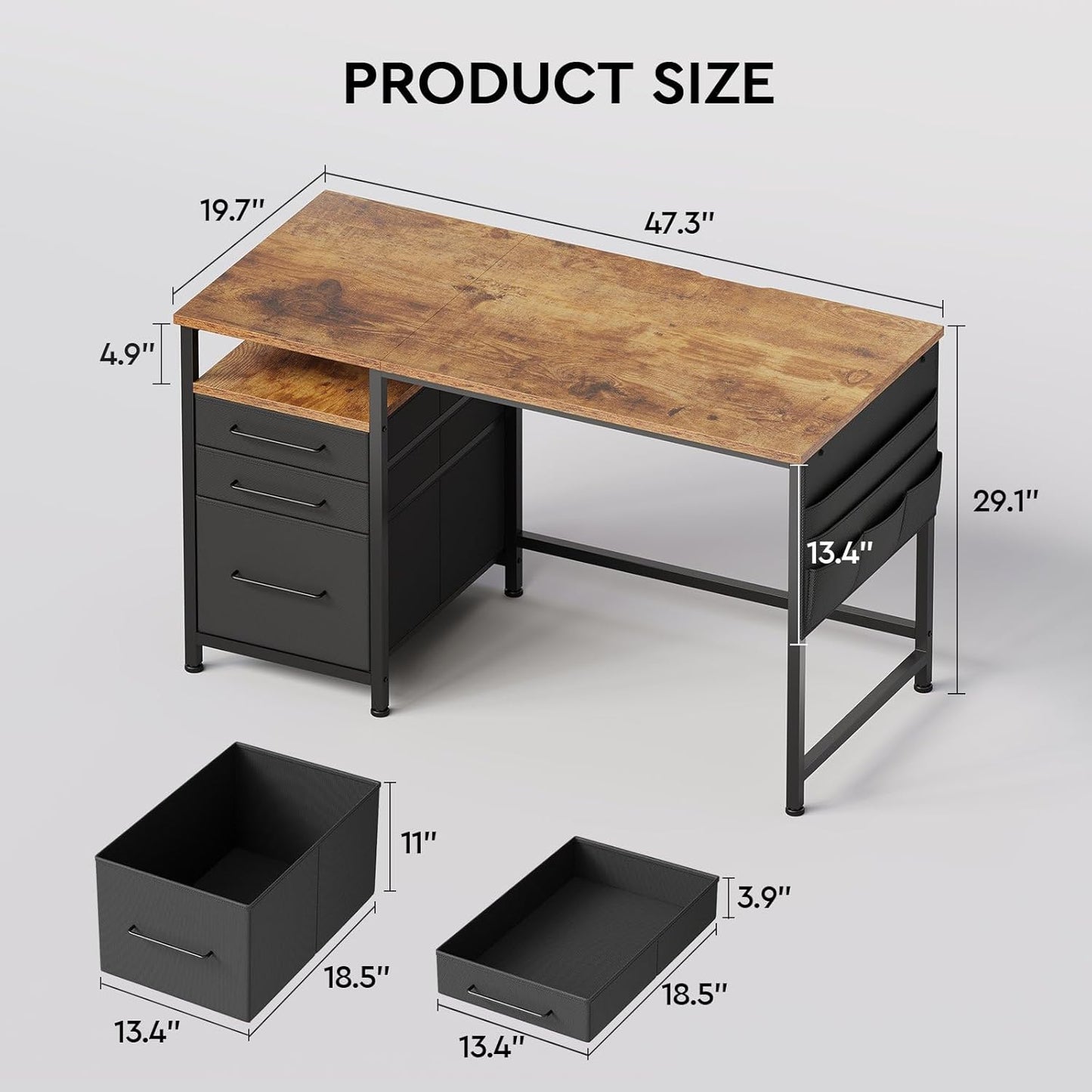 Ｍａｉｈａｉｌ Maihail Computer Desk with Drawers, 47 Inch Desk with 2 Drawers and Shelves, Office Table with Storage, Home Office desks, Metal Frame for PC Laptop, Rustic Brown