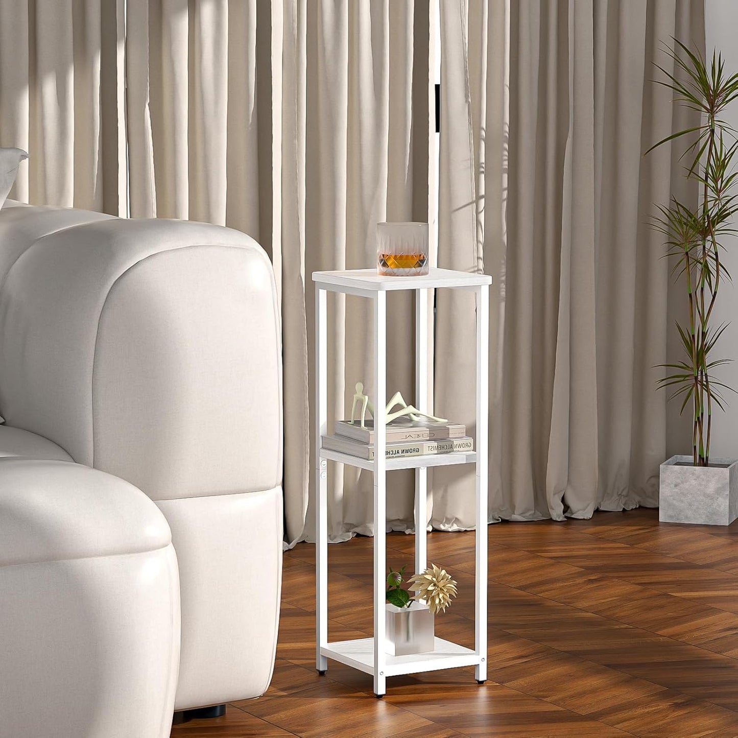 10" Wide Square Drink Table with Adjustable Feet - 3-Tier Small Side Table for Apartments, Balcony & Office | Space-Saving, Lightweight & Multi-Functional (Plants, Books, Drinks, White)