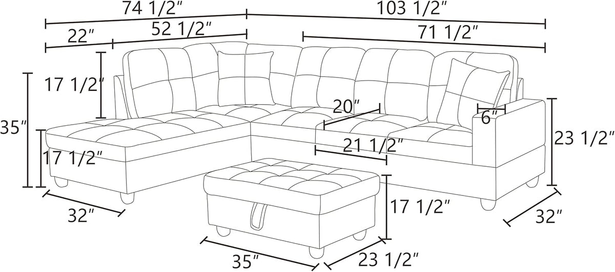 NicBex Sectional Couch 3 Pieces Sofa Set with Right Chaise Faux Leather L Shaped Cloud Couch for Living Room Furniture Sets with Storage Ottoman, Modular Sofa for Living Room & Apartment, Ink Black