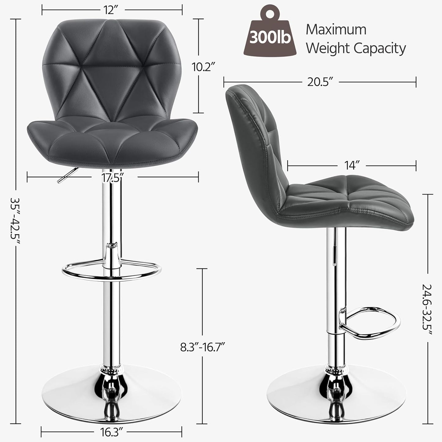 Yaheetech Gray Barstools Set of 2, PU Leather Bar Chairs with Backrest, Height Adjustable Swivel Island Stools for Kitchen Counter, Gray