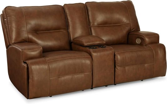 Signature Design by Ashley Francesca Modern Tufted Leather Power Reclining Loveseat with Console and Adjustable Headrest, Dark Brown