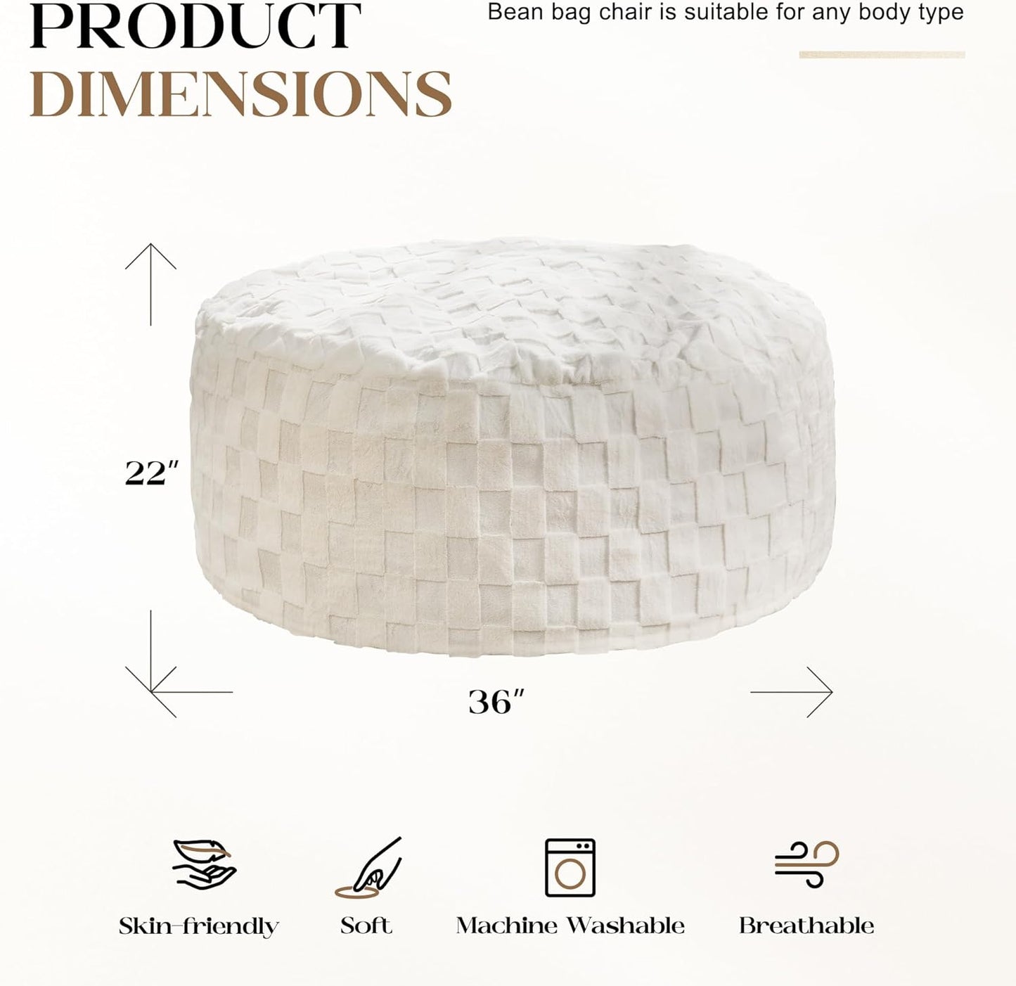 Hobestluk Bean Bag Chairs Beanbag Chair with Filler Adult Bean Bags with Fluffy Plaid Cover, Giant Bean Bag Chairs for Adults for Living Room, Bedroom (White, 3FT - 36” x 36” x 22”)