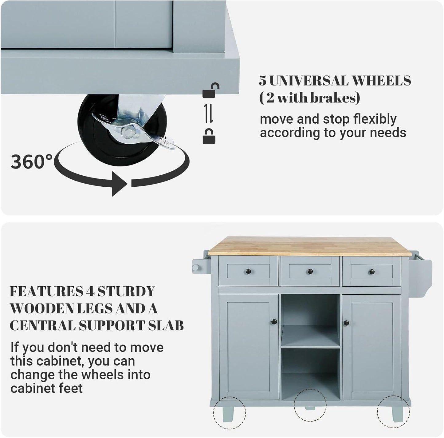 Rovibek Kitchen Island with Drawers 53 in Rolling Island Cart Mobile Portable Islands on Wheels Solid Wood Island with Storage Cabinet & Drawers, Blue