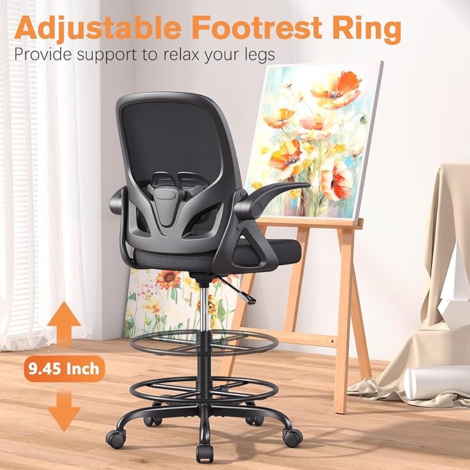 Tall Drafting Chair with Lumbar Support and Footrest Ring, Supportive Tall Extended Height Ergonomic Desk Chair for Home Work, Breathable Mesh Office Chair with Flip up Arms(Black)