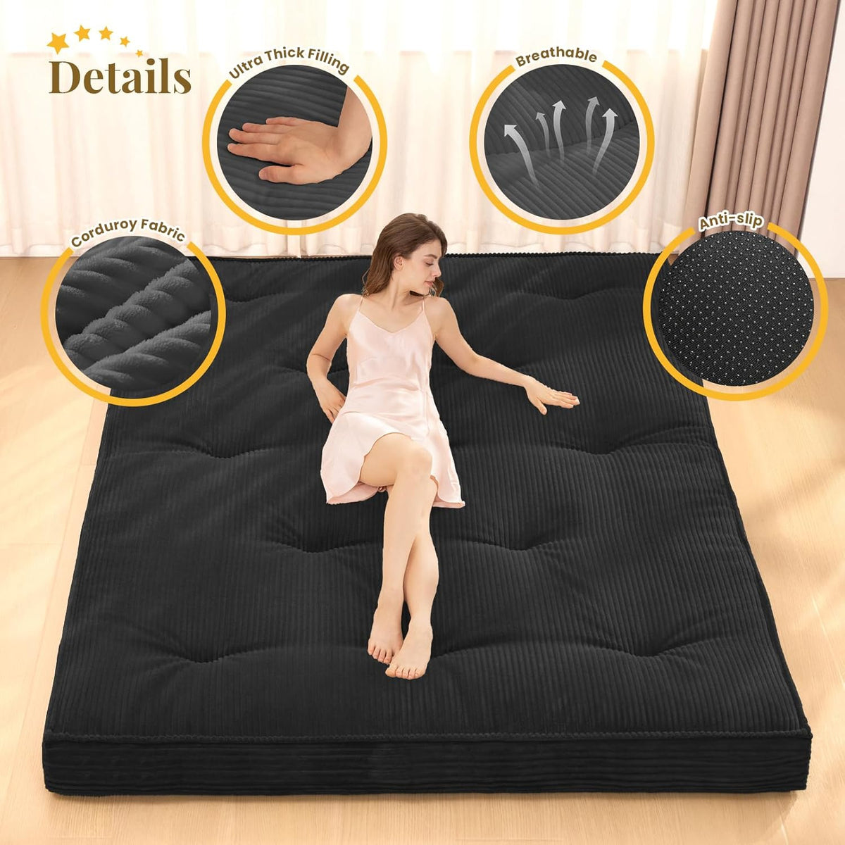 Japanese Floor Mattress, 4" Thicken Futon Mattress Queen Size Sleeping Pad, Corduroy Foldable Mattress Pad Roll Up Tatami Mat Floor Mattress for Adults（Black）