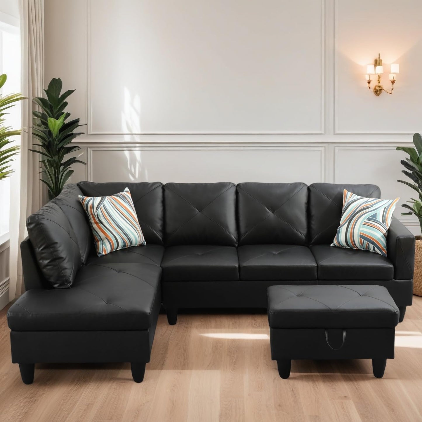 L Shaped Sectional Couches for Living Room, Modular 4 Seat Sofa with Ottoman Storage, Modern Couch with Chaise for Bedroom Apartment Furniture, Black