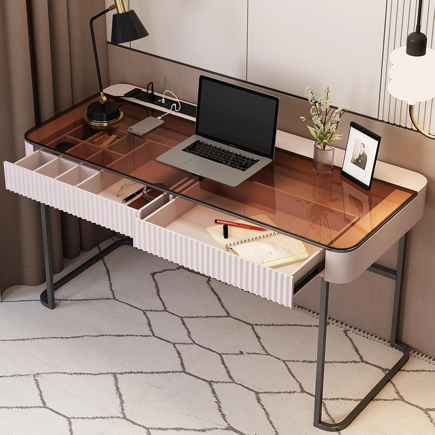 Lartis Home Office Desk Computer Desk Pale Pink Writing Desk - Makeup Vanity no Mirror Intelligent Socket with USB Port Compartmentalized Storage