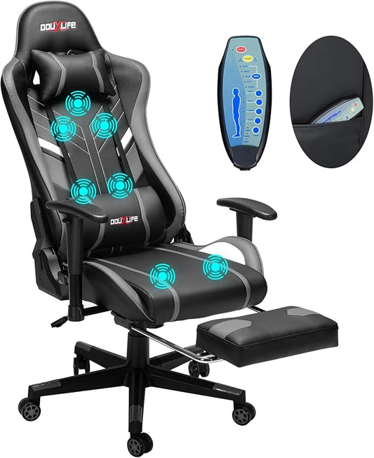 Douxlife 7-Point Massage Gaming Chair, 175° Gaming Recliner with Footrest Ergonomic Computer Office Chair High Back Video Game Chair with Lumbar Support, Upgraded Versio Grey
