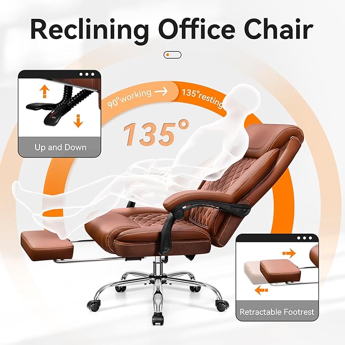 Office Chair, Executive Leather Chair Adjustable High Back, Ergonomic Computer Desk Chair Lumbar Support, Big and Tall Office Chair with Footrest, Comfy Reclining Chair for Home Office