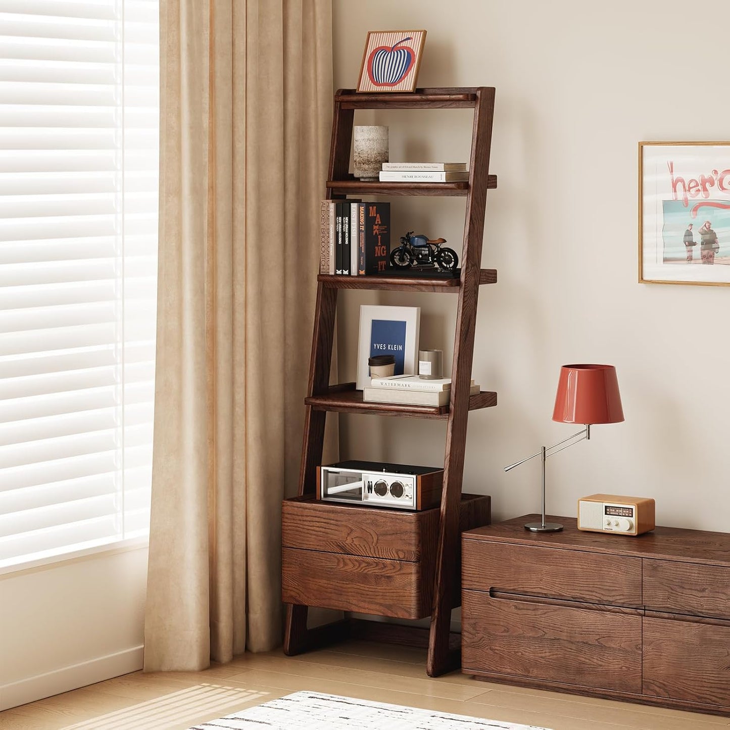 100% Solid Wood 5 Tier Ladder Shelf, Narrow Ladder Bookshelf with Drawers, 63.78" Tall Wood Bookcase Storage Rack Organizer, Freestanding Storage Shelve for Living Room Bedroom