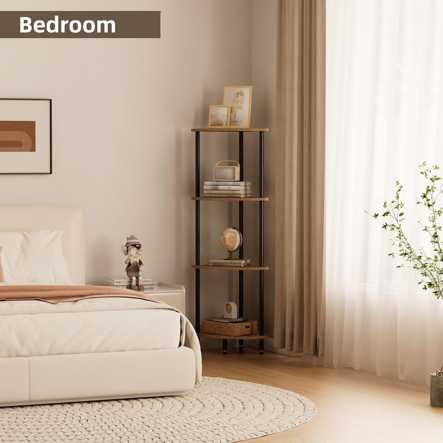 4 Tier Corner Shelf, Bookcase for Small Spaces, Corner Display Shelf, Plant Stand, Rustic Brown and Black,Suitable for Bedroom,Living Room,Kitchen