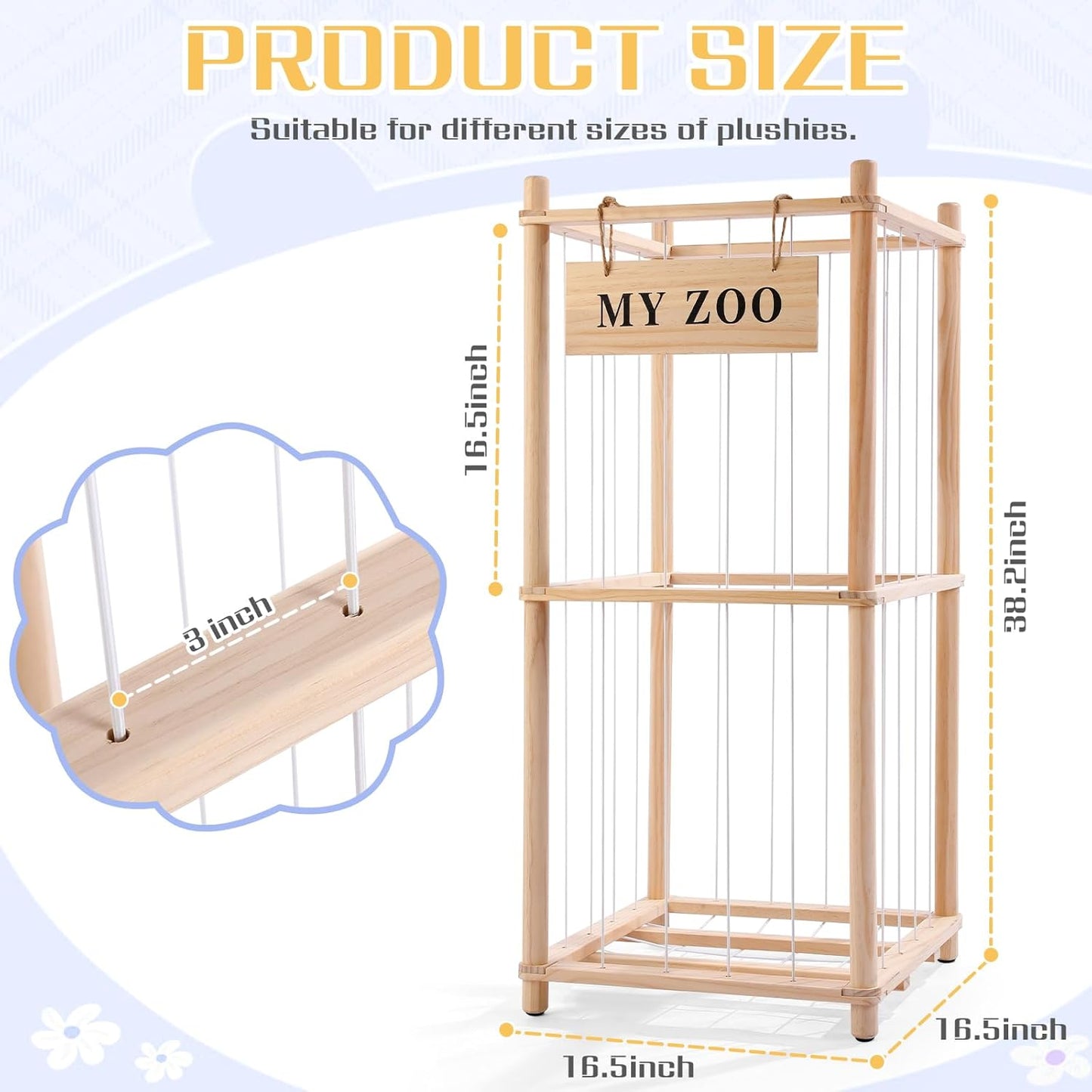 Stuffed Animal Storage Zoo, Wooden Stuffed Animal Organizer with Elastic Cords for Boys Girls, Space Saving Toy Plushies Storage Holder for Playroom, Bedroom, Living Room (Burlywood, Small)