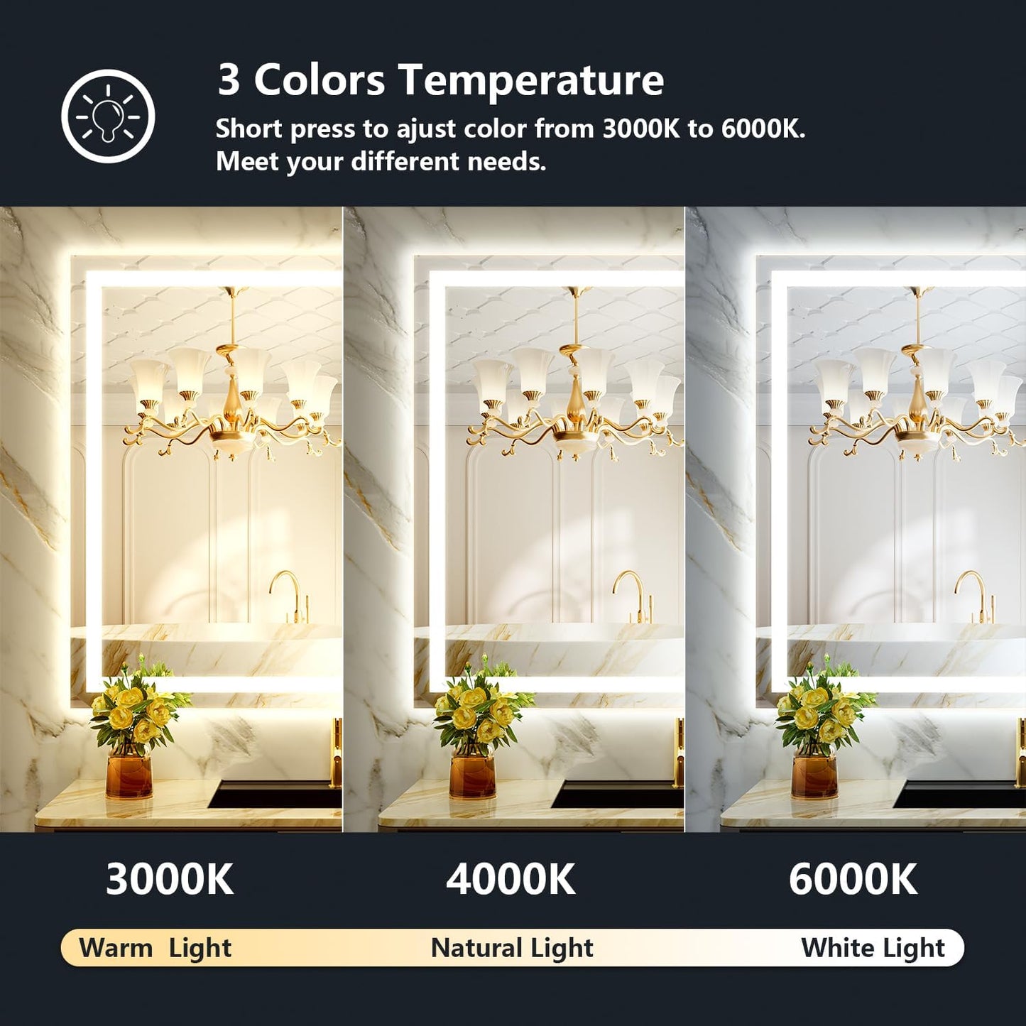50x32 Inch LED Bathroom Mirror with Lights Front and Backlit Lighted Vanity Mirror for Bathroom Wall with 3 Colors Dimmable Anti-Fog Memory Shatter-Proof IP54 Waterproof Horizontal/Vertical