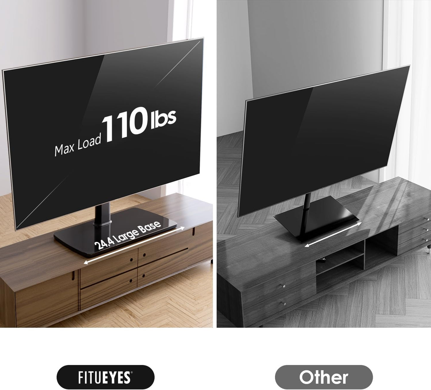 FITUEYES Universal TV Stand Mount for 43-80 85 inch TVs, Swivel Tall TV Mount Stand, Table Top TV Stand Base Replacement, Height Adjustable TV Table Stand, Glass Base, Max Holds 110lbs