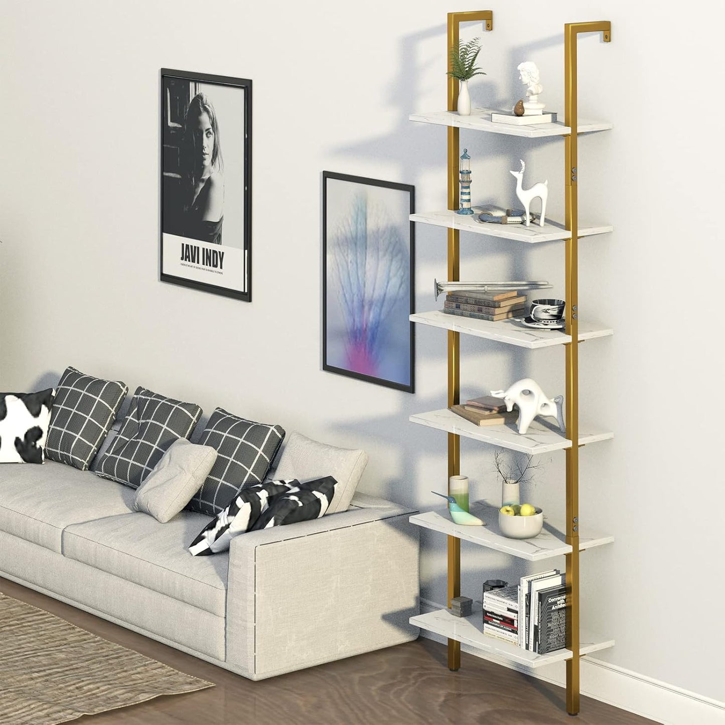 Ladder Shelf 6 Tiers Marble White Modern Bookshelf Open Tall Wall Mount Bookcase Standing Leaning Wall Shelves Industrial Decorative Living Room Bed Room