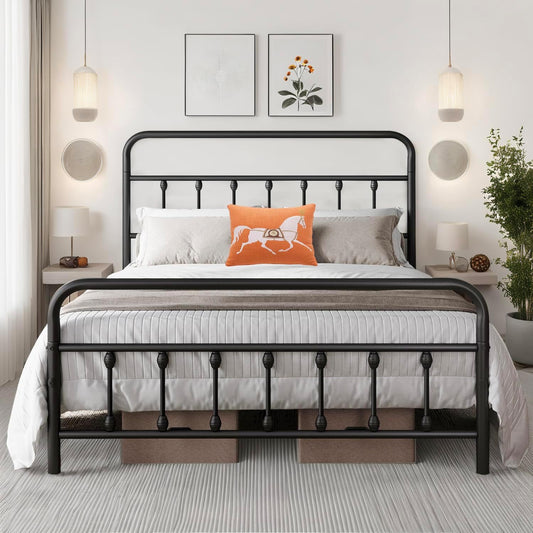 Full Size Bed Frame-Classic Metal Platform Bed Frame Mattress Foundation with Victorian Style Iron-Art Headboard/Footboard/Under Bed Storage/No Box Spring Needed/Black