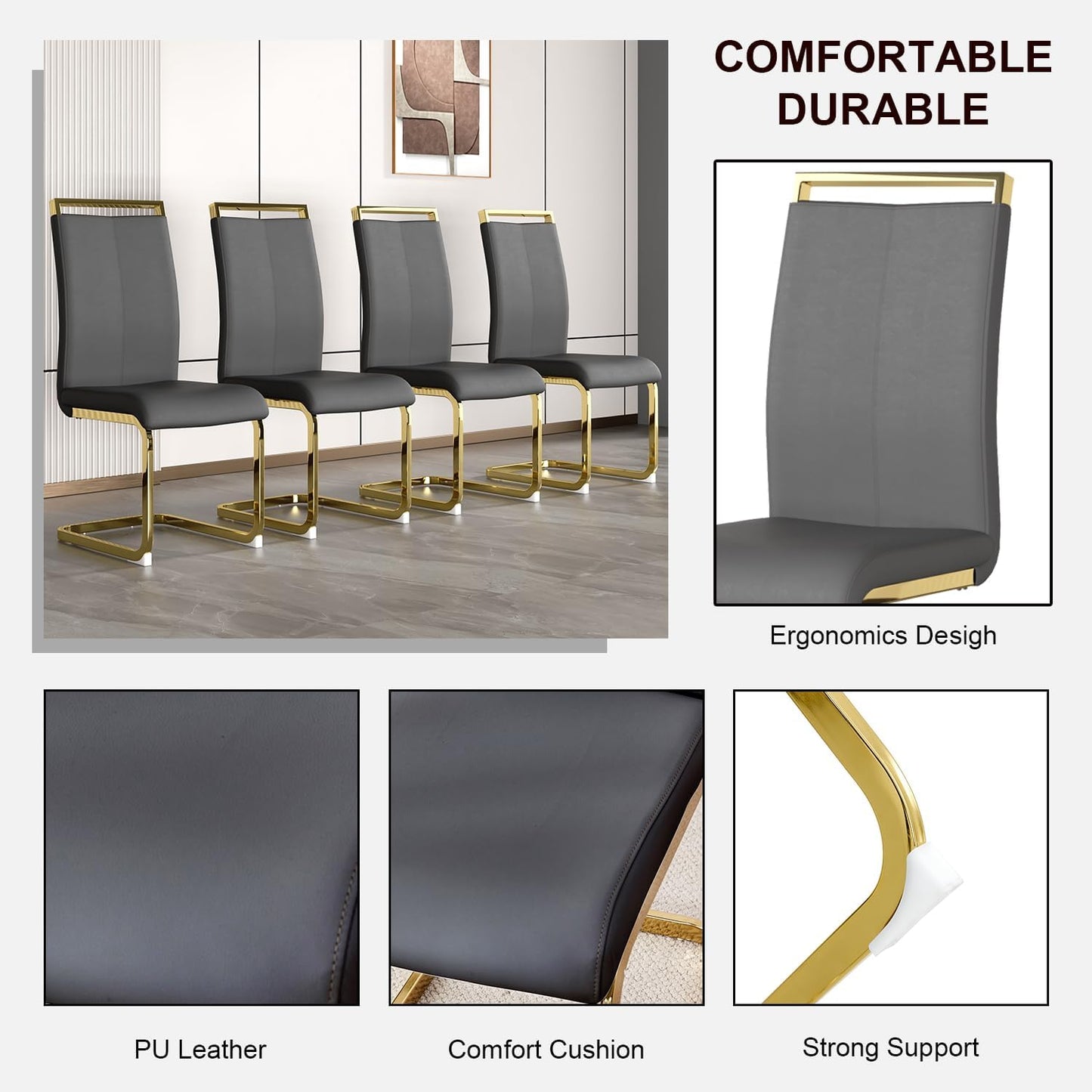 Modern Dining Chairs Set of 4,High Back Grey Kitchen Chairs,Faux Leather Side Chair with Gold Plated Metal Legs,Easy to Clean Upholstered Dining Chairs,Ideal for Living Room(Gold Leg)
