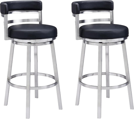 Armen Living Madrid 26" Seat Height Swivel Modern Black Faux Leather and Brushed Stainless Steel Bar Stool for Kitchen Island Counter, Set of 2