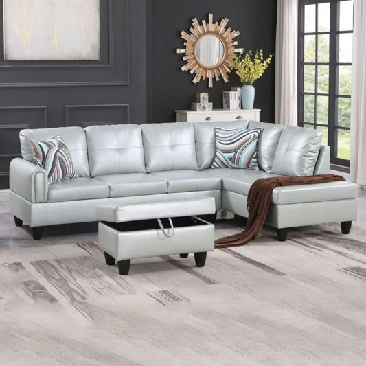 Silver Green L-Shaped 3-Piece Faux Leather Sofa with Storage Ottoman Set, Sectional Couch Sofa Set for Living Room, Office, Small Space