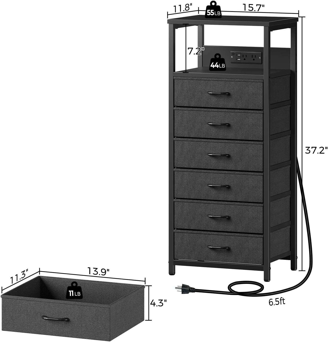 Seventable Night Stand with Charging Station, Tall Nightstand with 6 Fabric Storage Drawers, Side Table with LED Light for Bedroom, Entryway, Black