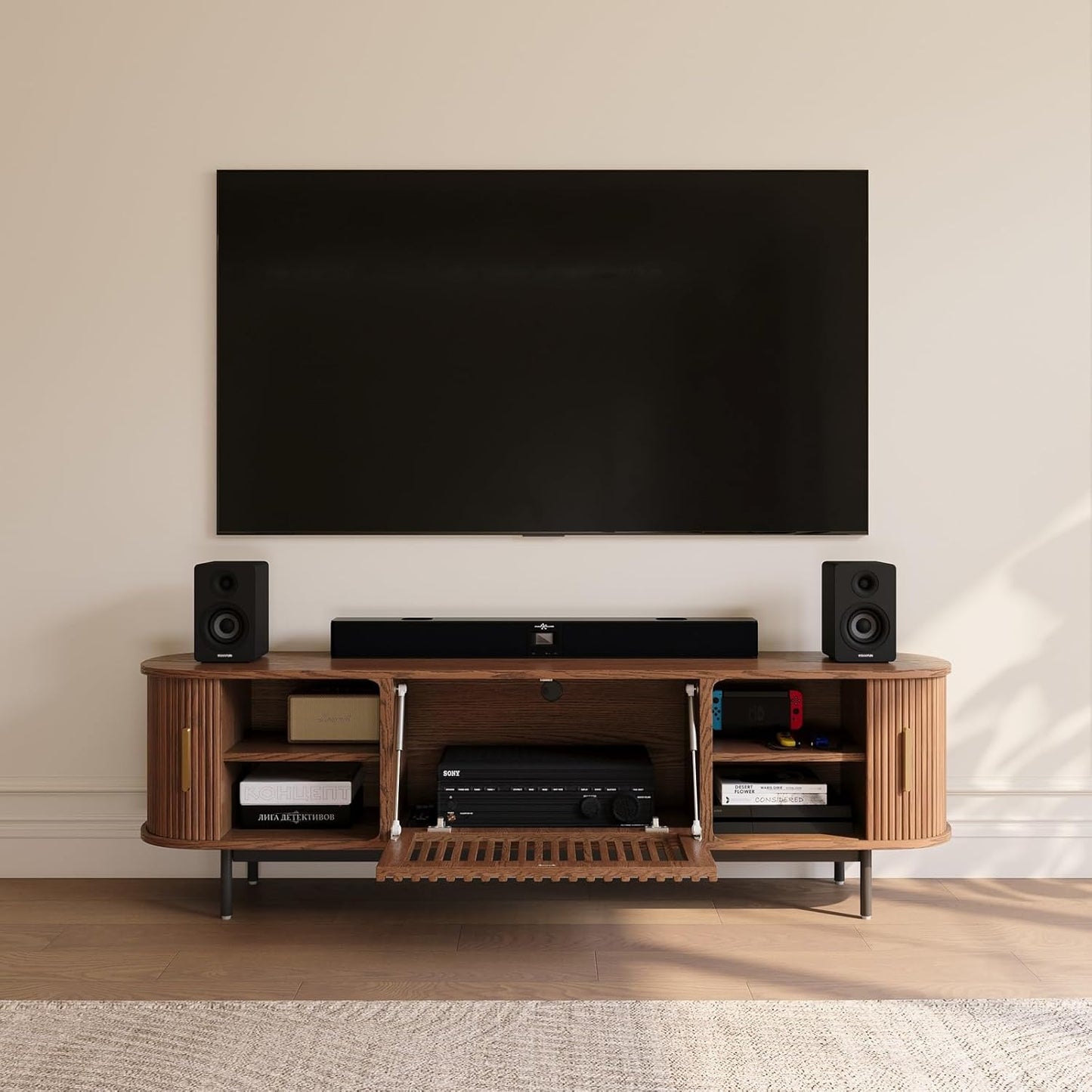 POVISON Mid Century Modern TV Stand for 65 inch TV, Sliding Door Entertainment Center with Storage, Wood TV Console, Media Console for Living Room Bedroom, Fully-Assembled (Walnut, 70.87")