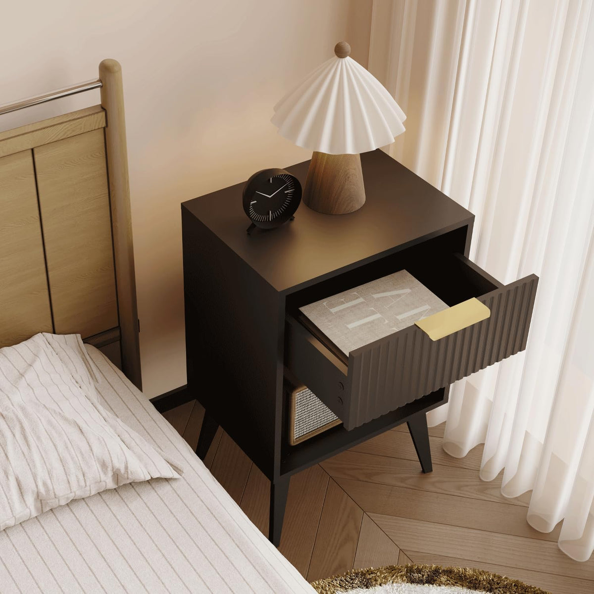 Fluted Night Stand with Opening Storage,Mid Century Bedside Table with Drawer,Modern Nightstand with Solid Wood Legs,End Table Side Table for Living Room,Bedroom,Black CTG56BK